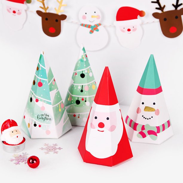 SPRING PARK 10Pcs Stamping Christmas Tower Box Cartoon Lovely Christmas Eve Gift Box