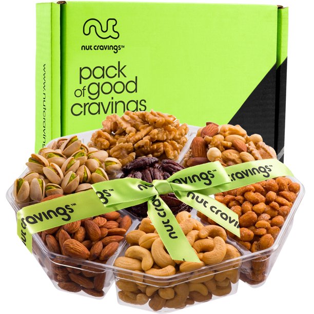 Nut Gift Basket + Green Ribbon (7 Piece Assortment, 1 LB) - Birthday Care Package Variety, Healthy Food Tray, Kosher Snack Box for Mom, Women, Men, Adults