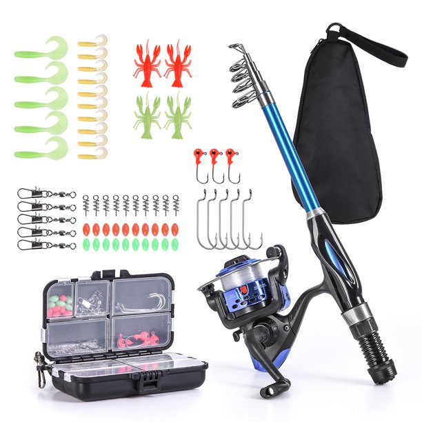 Blusea Fishing Rod Reel Combo Full Kit 1. Telescopic Fishing Rod Spinning Reel Set with Hooks Soft Lures Barrel Swivels Storage Bag