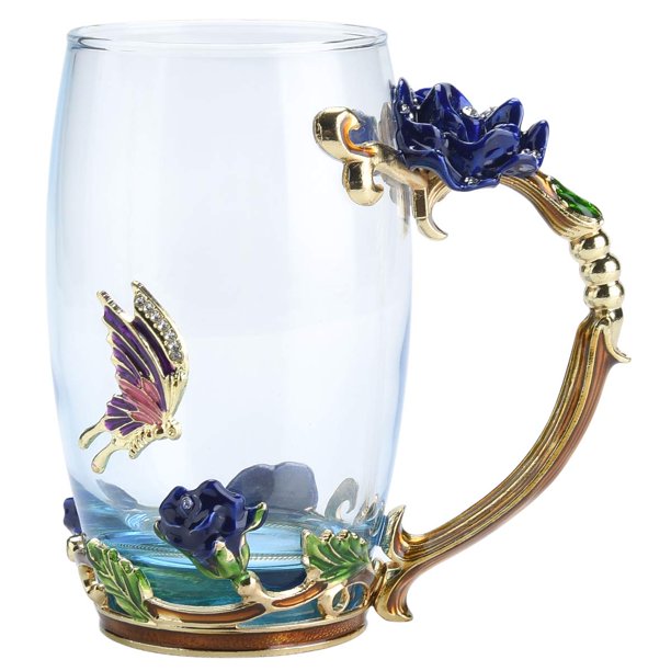 Flower Tea Cups Enamel Coffee Mug with Spoon Butterfly and Rose Glass Tea Mug Ideal For Women Mom Grandma Wife and Friend Wedding Anniversary Birthday Tall