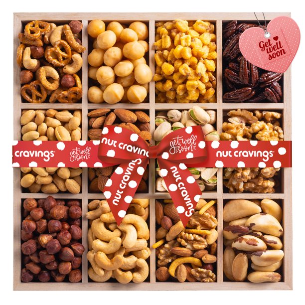 Get Well Soon Gift Basket, Nut Arrangement Platter + Red Ribbon (7 Piece Assortment) Feel Better After Surgery Recovery Care Package Variety, Healthy Food Kosher Snack Box for Women, Men, Adults