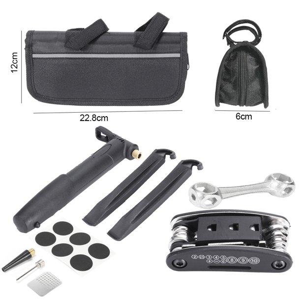 Bike Tire Repair Kit, Bicycle Tyre Repair Tool Cycling Multi Set Nozzle Rasp Patch Levers Wrench Screwdriver Pump Storage Bag