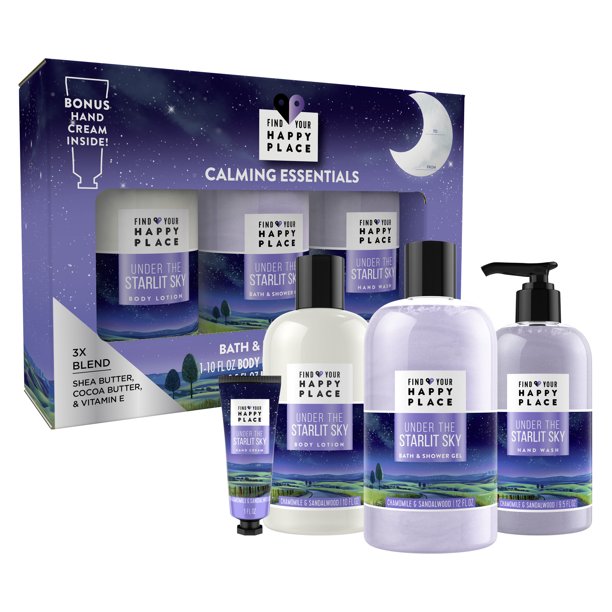 ($21 Value) Find Your Happy Place Calming Essentials Bath & Body Holiday Gift Set, Under the Starlit Sky, Chamomile and Sandalwood, (Body Wash, Body Lotion, Hand Wash) 4 Count