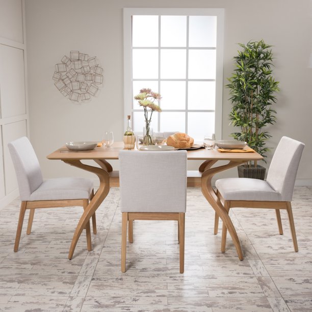 Noble House Caruso Mid-Century Modern 5 Piece Dining Set, Light Beige and Natural Oak