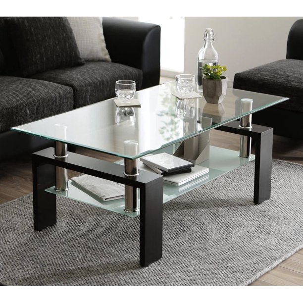 Clear Rectangle Modern Glass Coffee Table with Lower Shelf, Metal Legs for Living Room, L5509