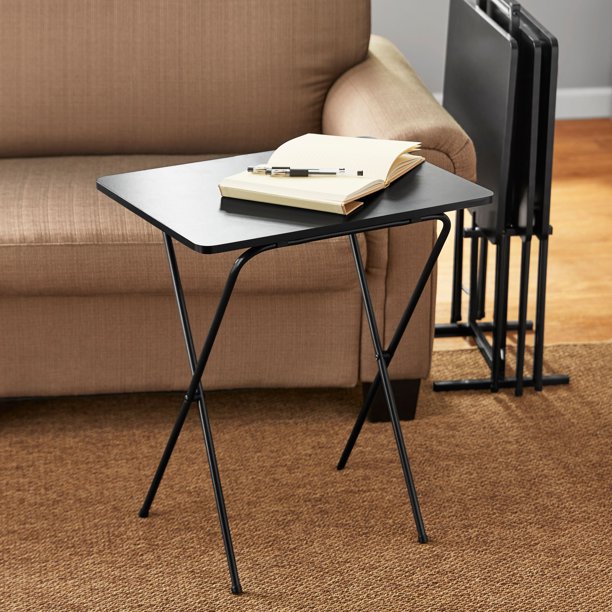 Mainstays 5-Piece Folding Tray Table Set with Stand, Black