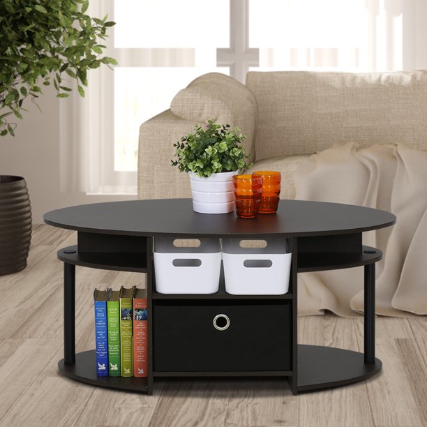 Furinno JAYA Simple Design Oval Coffee Table with Bin, Walnut