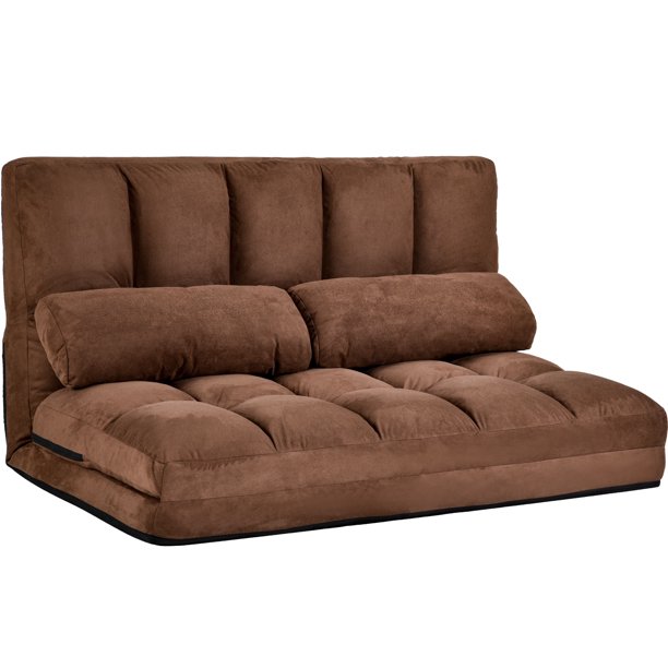 Double Chaise Lounge Sofa Chair Floor Couch with Two Pillows (Brown)