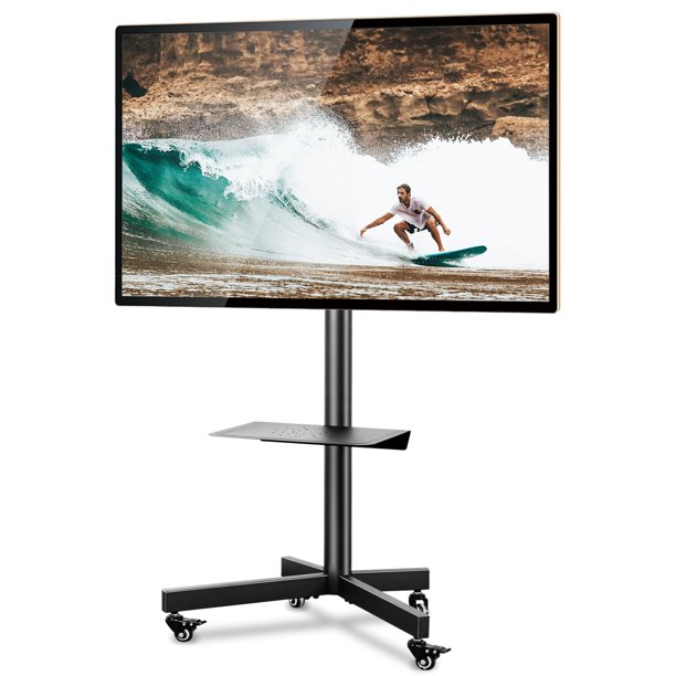Modern Mobile TV Cart with Wheels for 32 to 60 inch LCD LED OLED TVs, Black Metal Adjustable Shelf